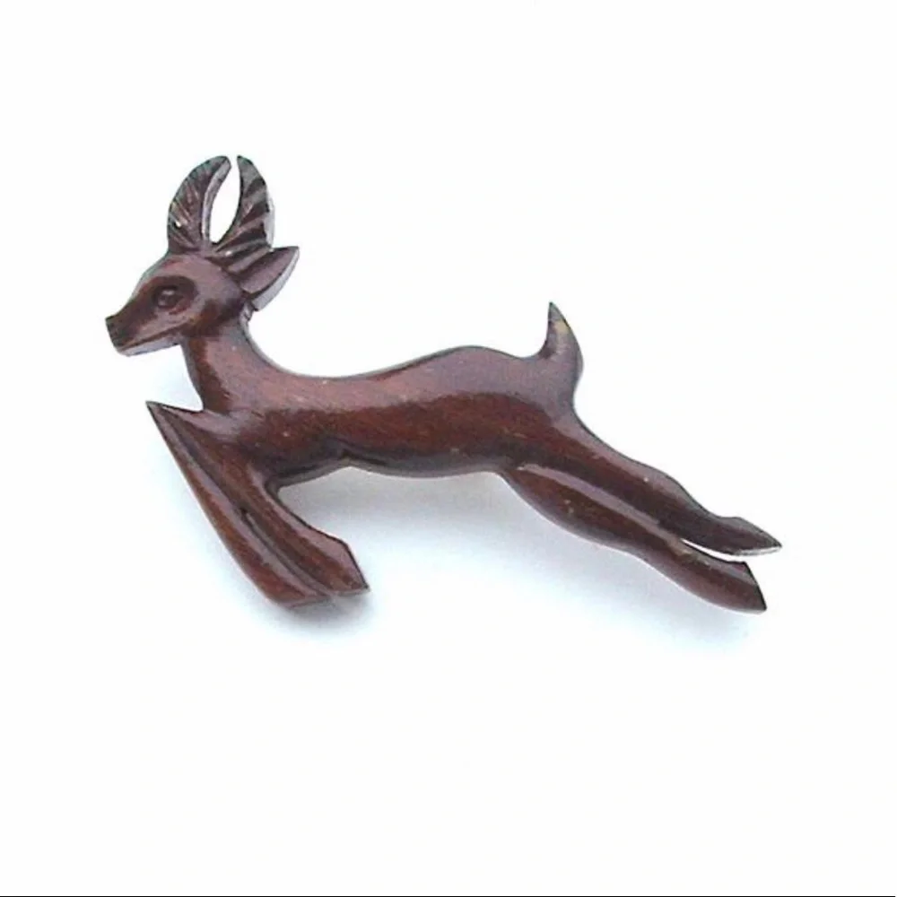 Antique Pin Rustic Hand Carved Wood Deer Brooch